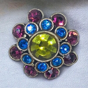 Vintage Blue Purple Green Rhinestone Silver Tone Brooch